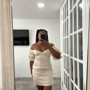 Meshki Cream Polka Dot Off-Shoulder Mini Dress